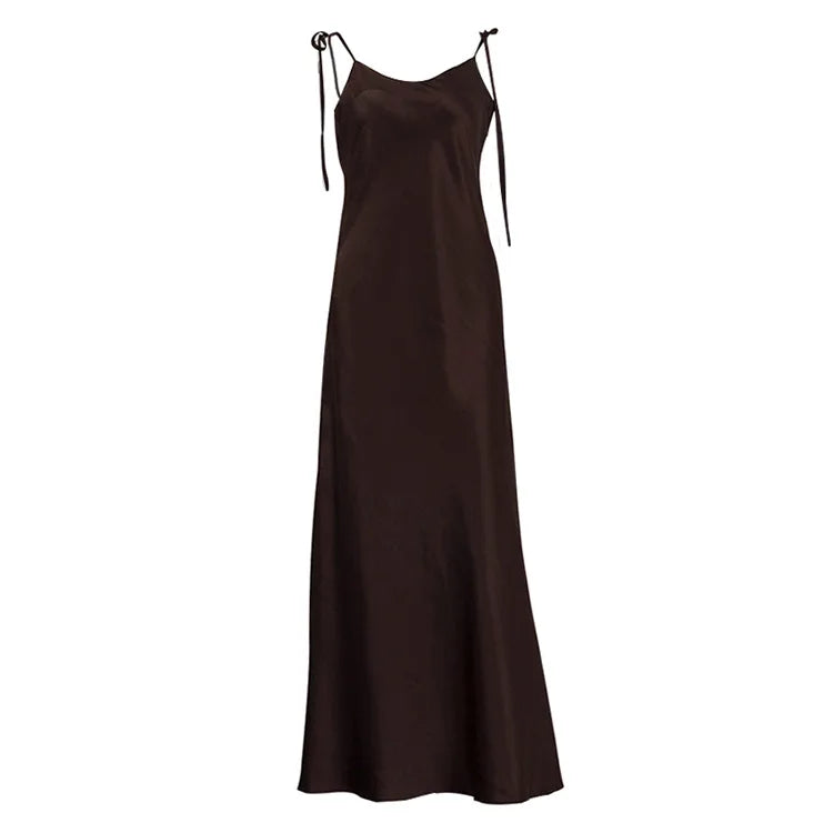 Sexy Backless Strap Sleeveless Satin Female Dress Chic Women High Waist Bodycon Maxi Dress 2026 New Summer Casual Dresses
