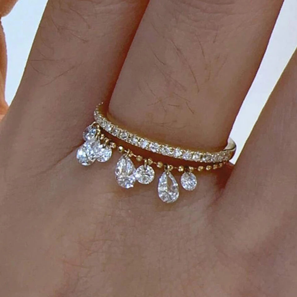 ZAKOL 2pcs/set Minimalist Fashion Zirconia Water Drop Crystal Pendant Ring Women's Daily Wear Exquisite Finger Jewelry