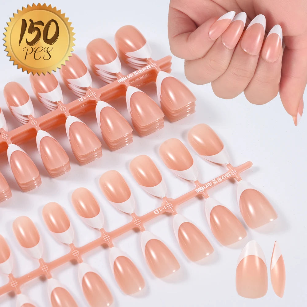 150/120/100pcs French Nude Pink False Nail Women Press on Nails White Edge Almond Full Cover Fake Nail For Manicure Extension
