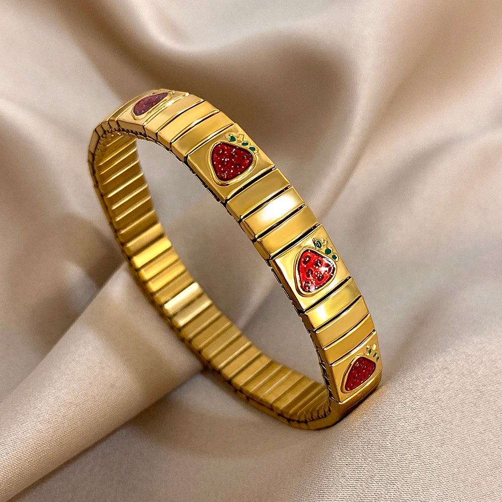 316L Stainless Steel Gold Color Strawberry Cherry Elastic Bangle Bracelet For Women Men Statement New Trend Wrist Jewelry Gift