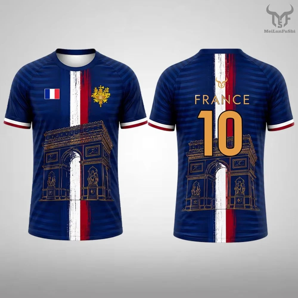 New France Flag Print Soccer Jersey Family Style for Adults Kids Outdoor Casual Breathable Short Sleeve Top for Sports Fitness