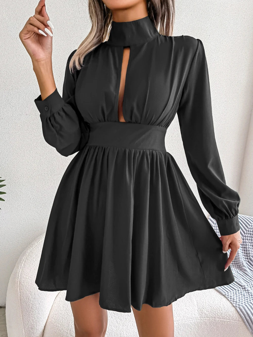 Spring Autumn Casual Solid Hollow Out Long Sleeve A Line Dress for Women Elegant Mini Dresses Red Black White Woman Clothing