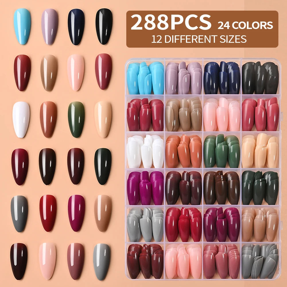 288Pcs Mixed Color Medium Almond False Nails Acrylic Full Cover Fake Nails for Women Wearable Press on Nails DIY Nail Extension