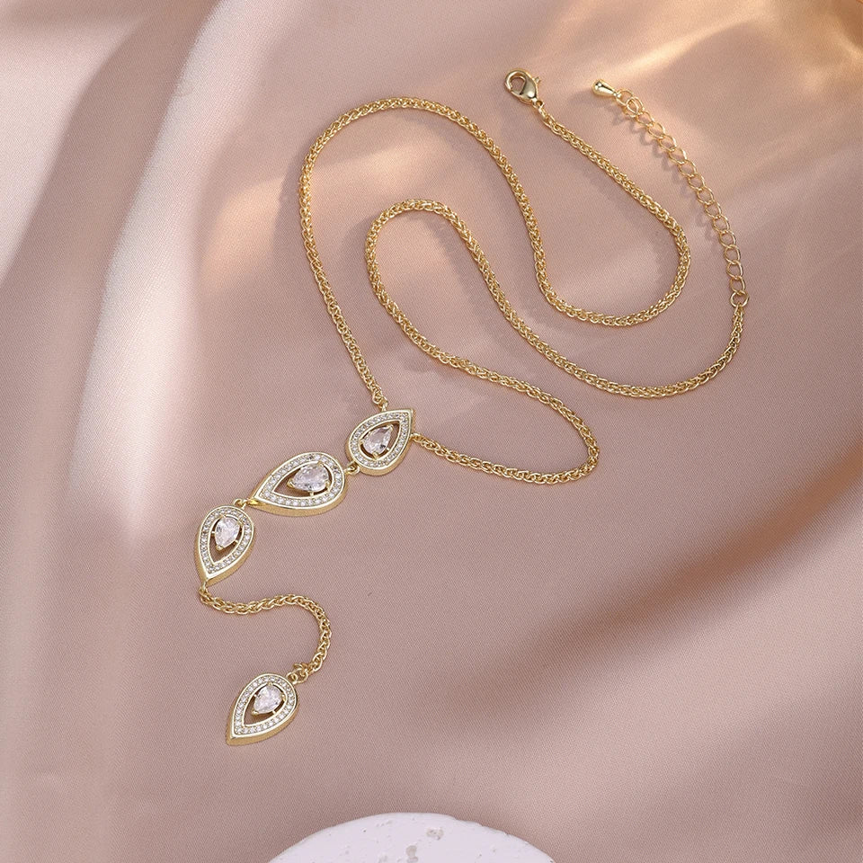 ZAKOL Elegant Tears Pear Cubic Zirconia Y-shaped Necklace for Women Sexy Fashion Body Chain Wedding Party Jewelry