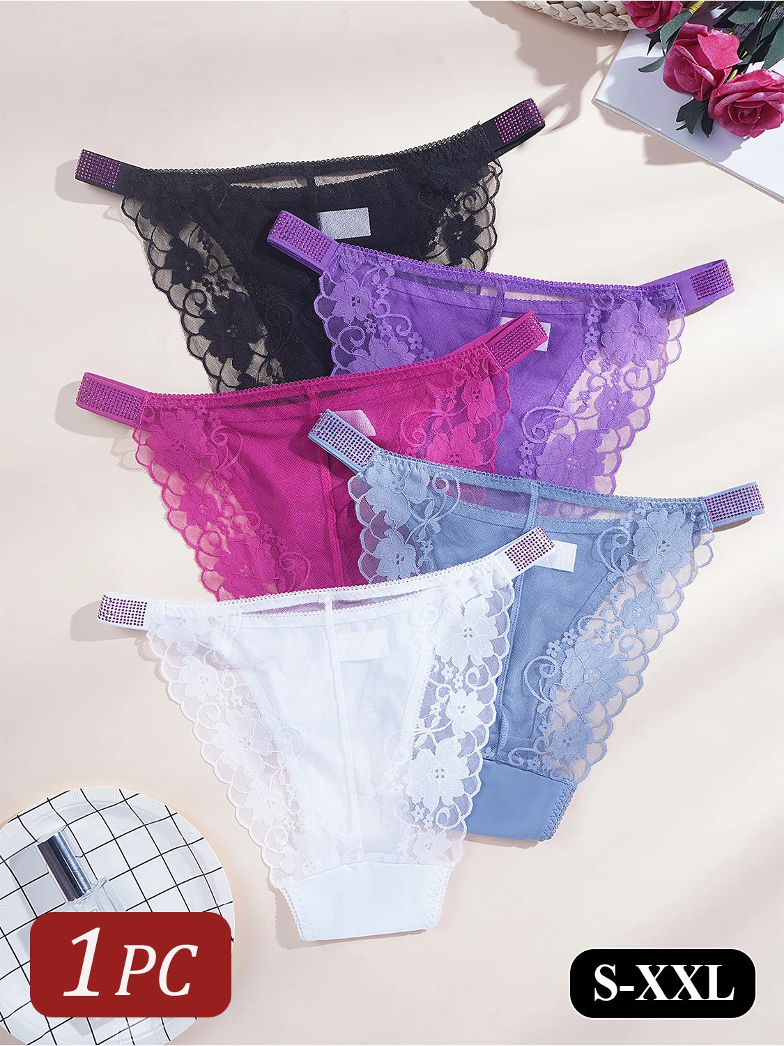 1PC Rhinestone Lace Sexy Girls Women Panties Solid Color Seamless Underwear Elegant Lace Floral Design Low Rise Briefs Lingerie