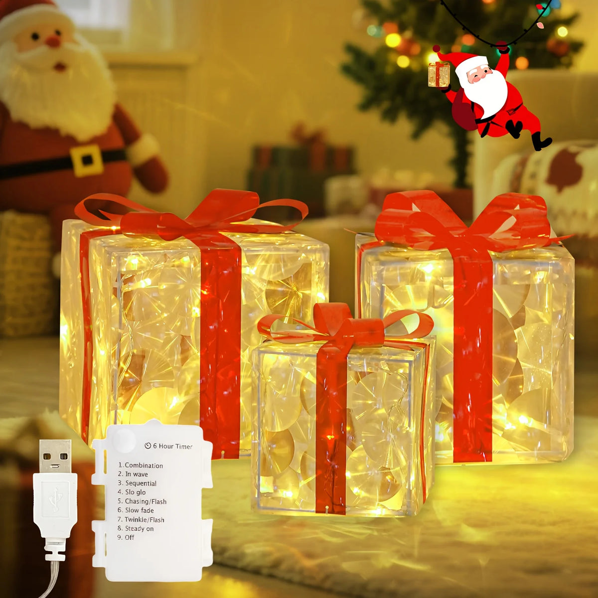 Set of 3 Christmas Lighted Gift Boxes Decorations Presents Boxes Christma Ornaments for Xmas Tree Yard Home Indoor Outdoor