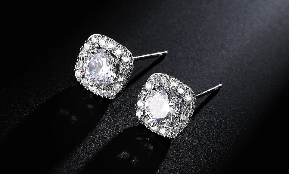 ZAKOL Classic White Square CZ Stud Earrings For Women Exquisite Round Cubic Zirconia Crystal Ear Jewelry Gift
