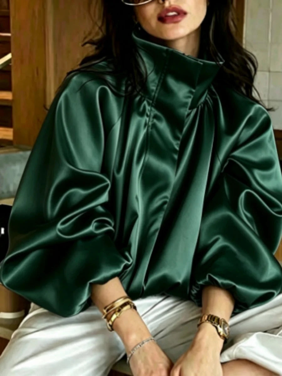 Women's Elegant Satin Zipper Jackets Fashion Stand Collar Long Puff Sleeve Loose Fit Coats Casual Autumn Winter Outerwear