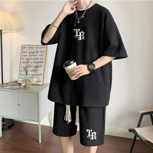 American Sports Suit Men's Loose Street Summer Breathable Short-sleeved Shorts, A Set with Five-point Pants Tide