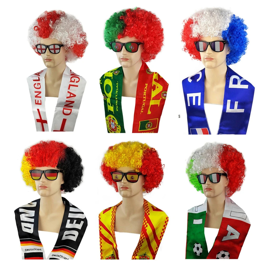 National Flag Color Explosion Wig Set - طقم باروكة مشجعين بألوان الأعلام مع وشاح ونظارات