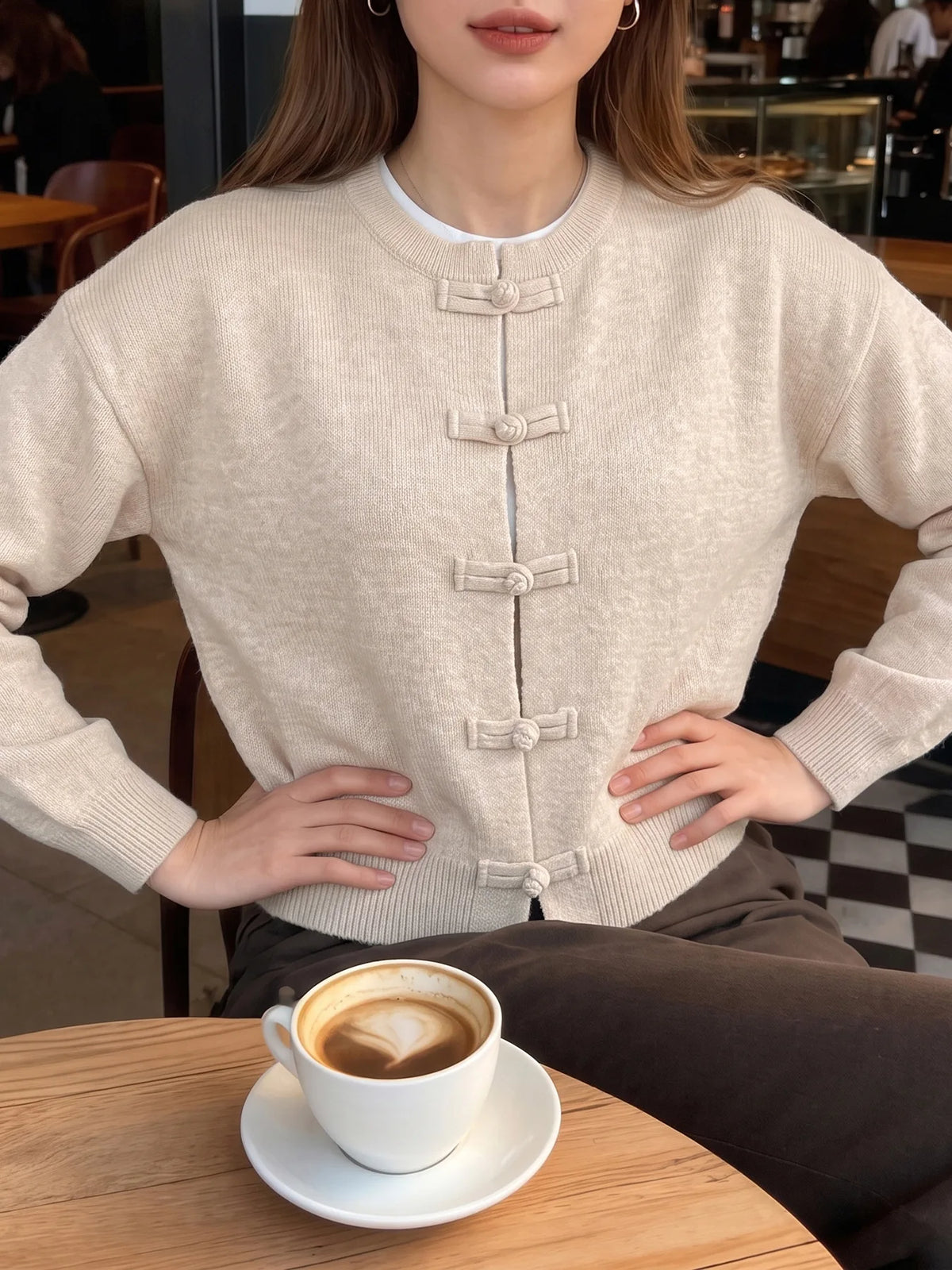 Women Vintage Knitted Sweater Causal Long Sleeve O-Neck Soft Warm Chinese Style Buckle Cardigan Female Autumn Winter Outerwear