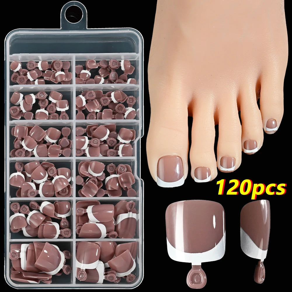 120/100Pcs French White Edge False Toe Nails Acrylic Short Square Full Cover Fake Toenails Summer Wearable Press on Toenails