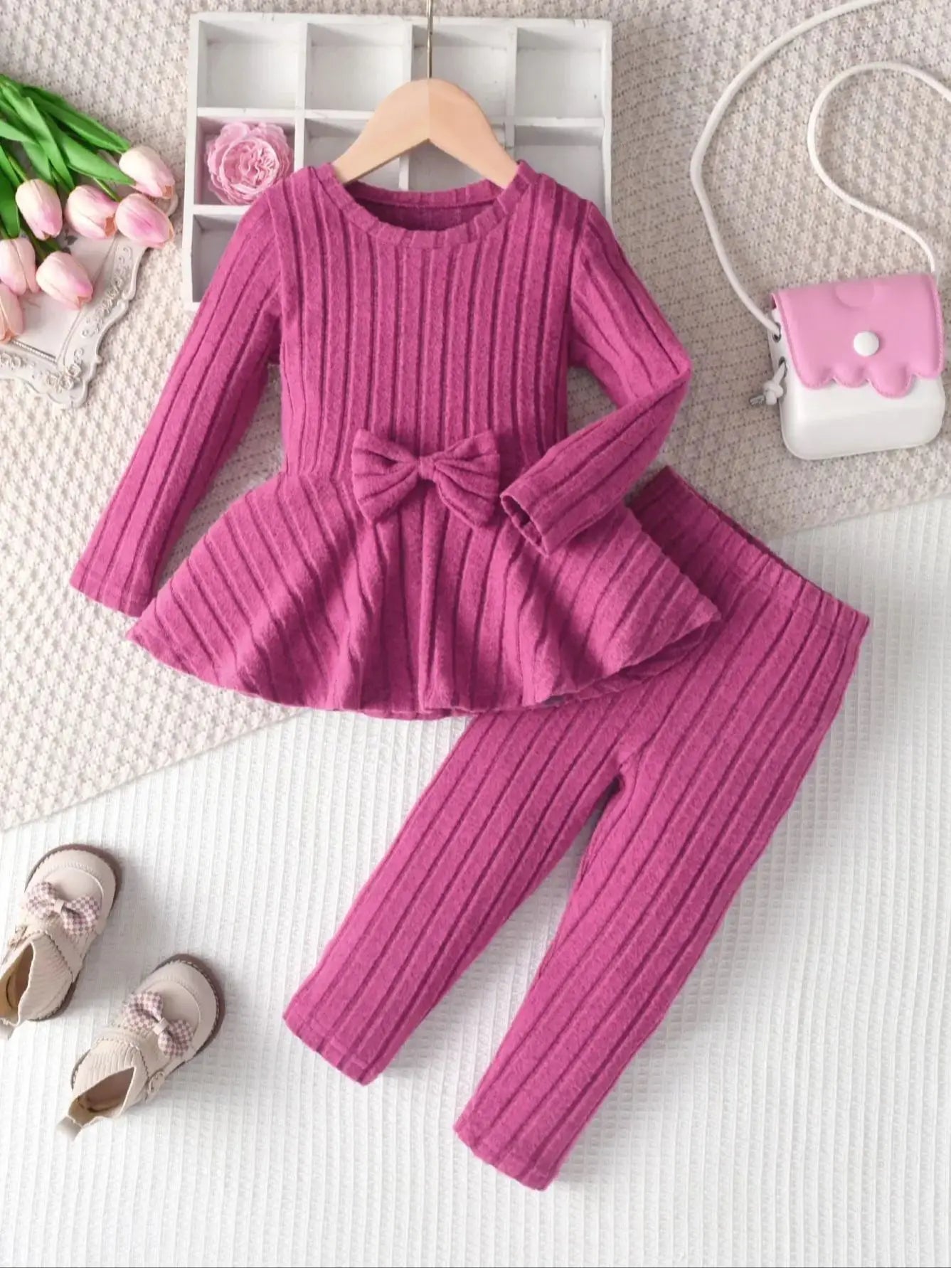 Girls' Long-Sleeved Suit, Children'S Round-Neck Bow Top And Long Pants Are Suitable For Spring And Autumn Outdoor Activities