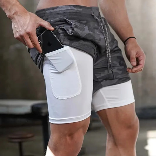Men Running Shorts Camo Gym Sports Shorts 2 in 1 Quick Dry Workout Fitness Training Jogging Short Summer with Pocket Men Shorts