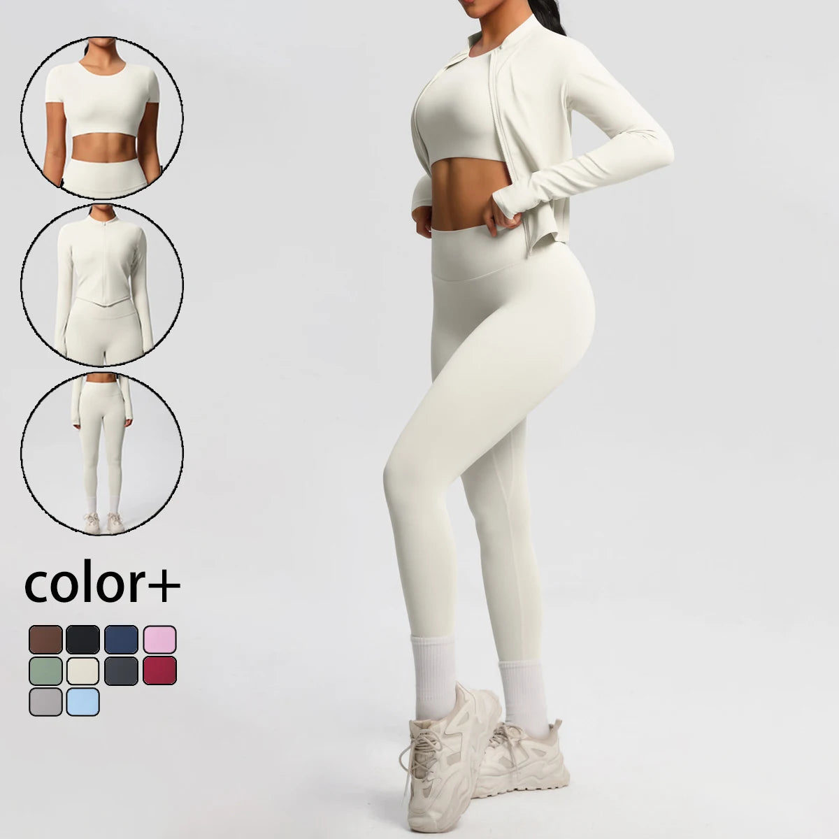 Yoga Three Piece Set for Women's Yoga Zipper Long Sleeves Sports Running Quick Drying Yoga T-shirt Push Up Female Pants Yoga Set