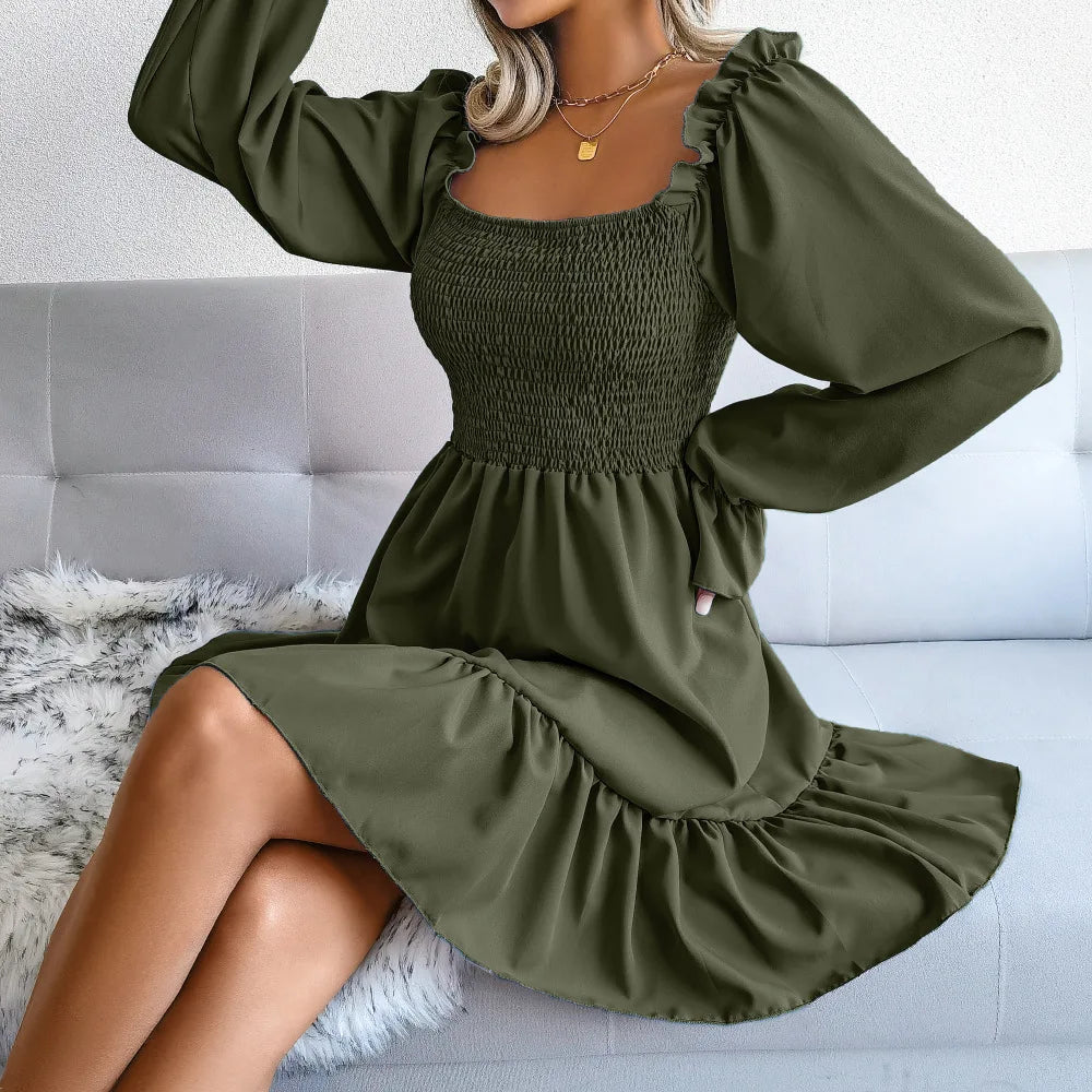 Spring Summer Casual Solid Color Square Neck Flared Long Sleeve Ruffled Dress Red Orange Green Black 2026 Fashion Woman Clothing