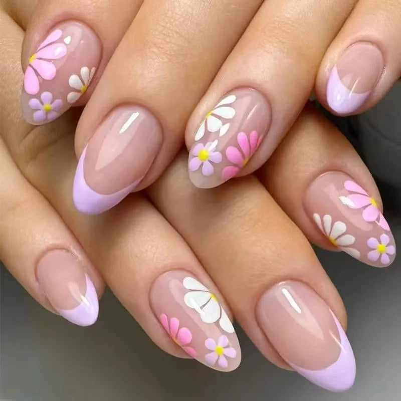 24pcs Fake Nail Green Dandelion Self-adhesive False Nails Finger Nails  for Gluing Nail Tips Nail Art Summer Press on Nails 2025