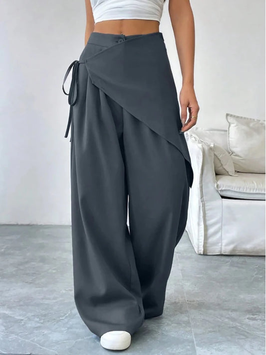 Elegant Irregular Suit Pants for Women High Waist Loose Wide Leg Pants Asymmetrical Lace Up Trousers Elastic Waist Casual Pants