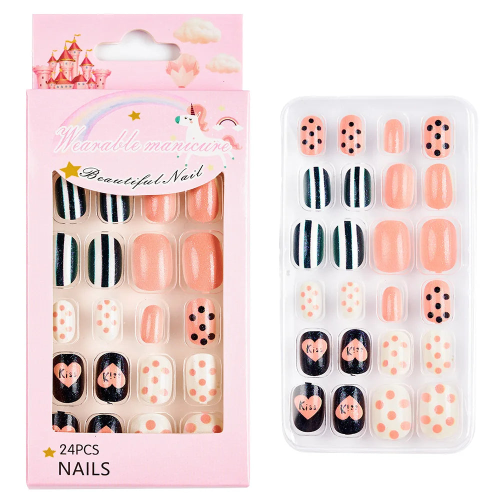 24pcs/box Candy Kids False Nail Cartoon Full Cover Press On Fake Nails Tips Kawaii Acrylic Artificial Fingernails for Girls