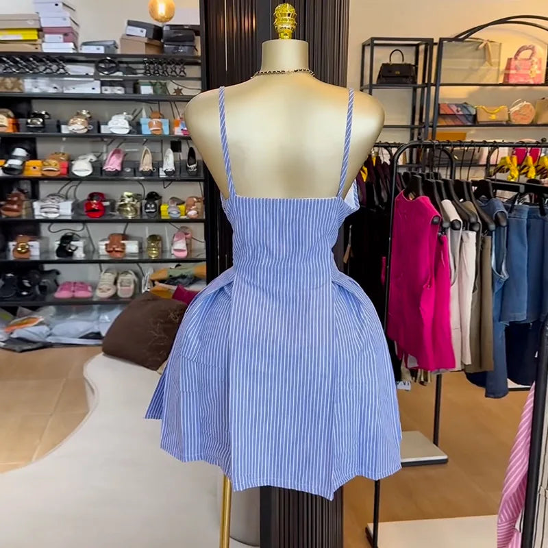 BKLD Summer Spaghetti Strap Mini Dress 2026 Women Clothing Sexy Blue Striped A-Line Female Camisole Club Party Short Dresses