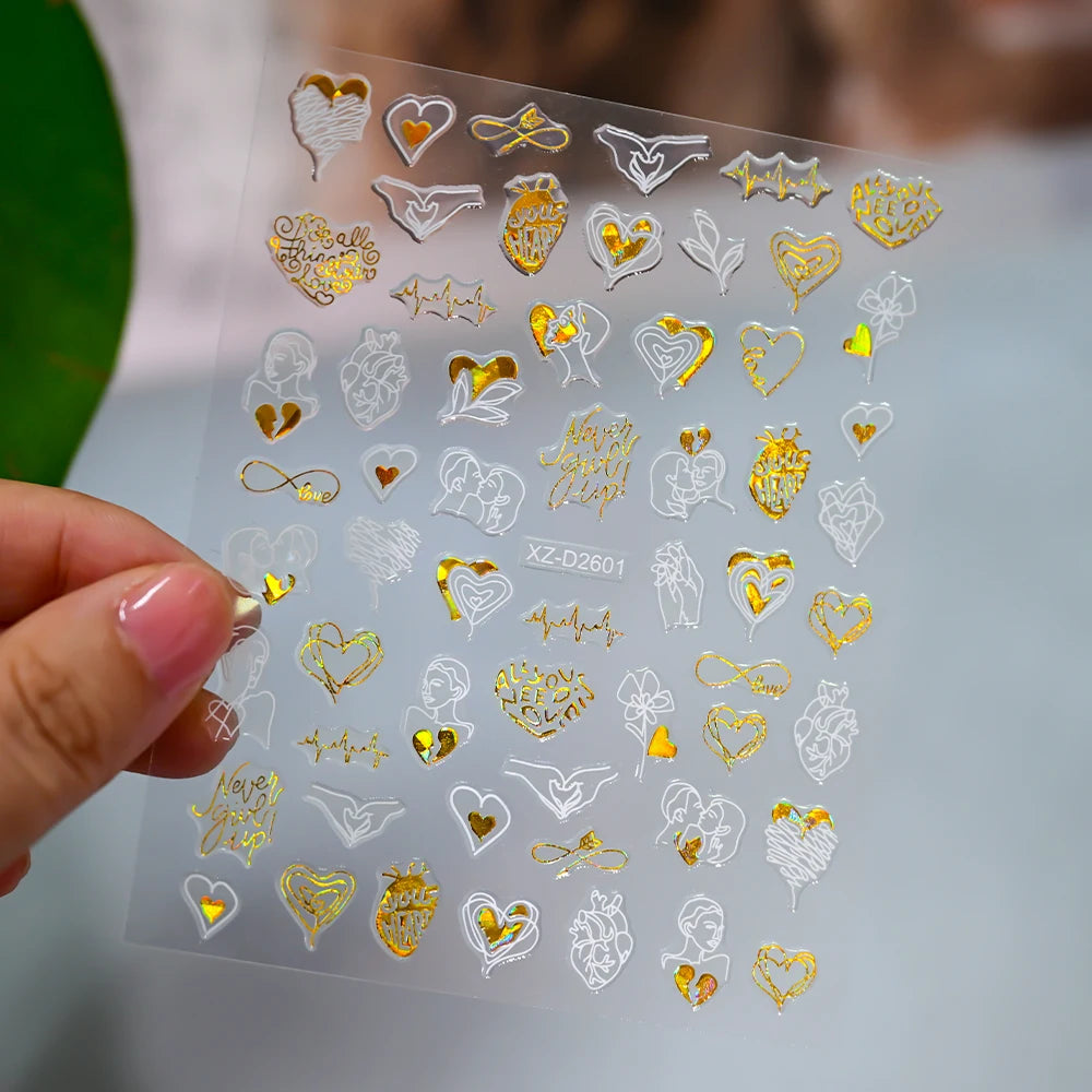 1Pc 3D Red Love Heart Nail Art Stickers Rose Flower Lip Self Adhesive Decals Valentine' Day Nail Sliders For Manicure Decoration