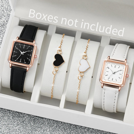 2/4PCS Fashion Square Women's Watch Leather Band Quartz Watches Heart Bracelet Set（Without Box）