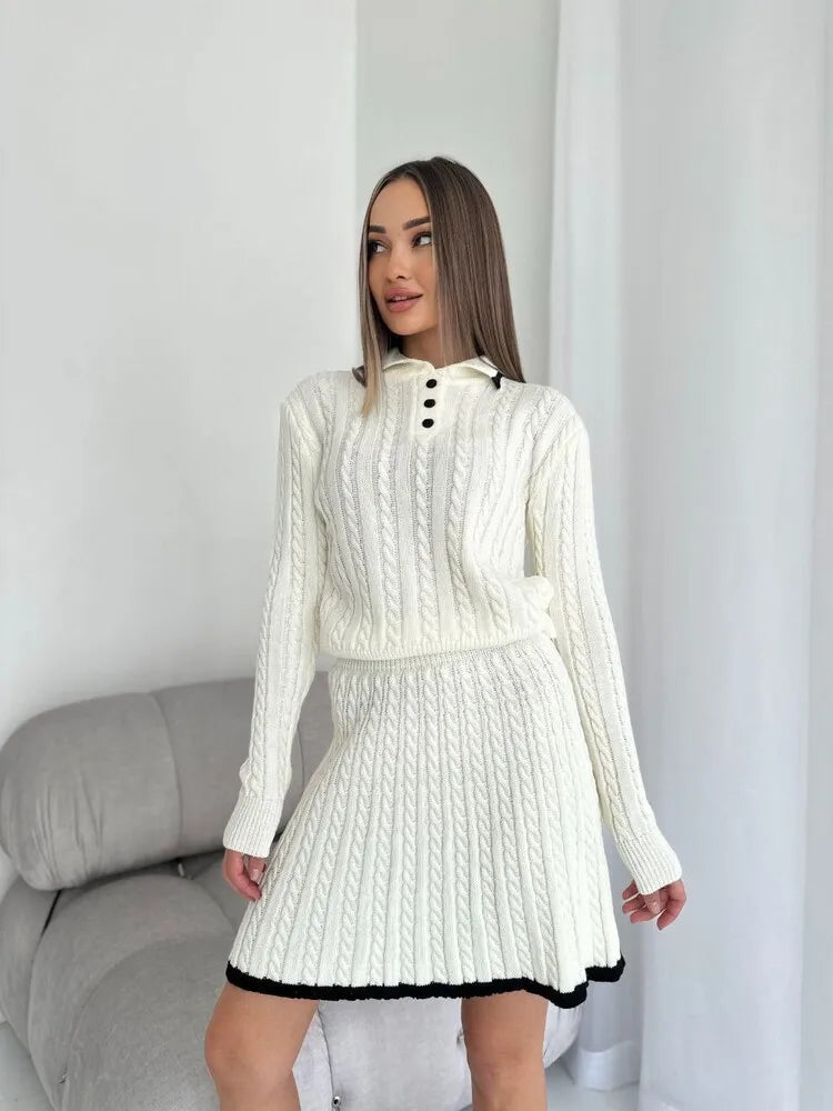 BKLD 2026 New Casual Skirt Sets Long Sleeve Tops Knitted Button Sweater And Mini Skirts Two Piece Sets Clothes For Women