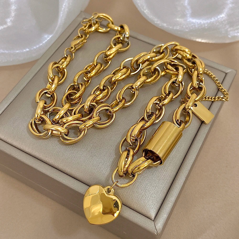 Flashbuy New Punk Chunky Gold Color Thick Chain Stainless Steel Necklace for Women Fashion Design Heart Love Pendant Jewelry