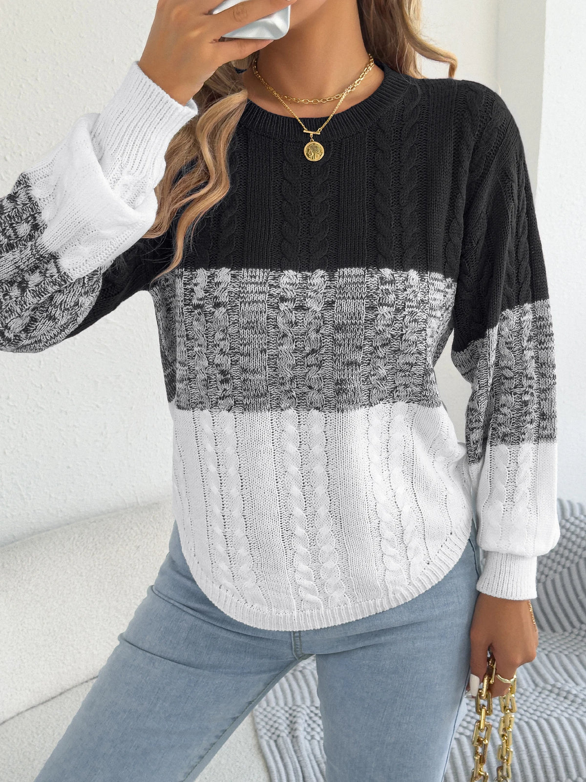 Woman Casual Color Block Striped Sweater Round Neck Lantern Long Sleeve Twist Knitted Tops for 2026 Autumn Winter Women Clothes