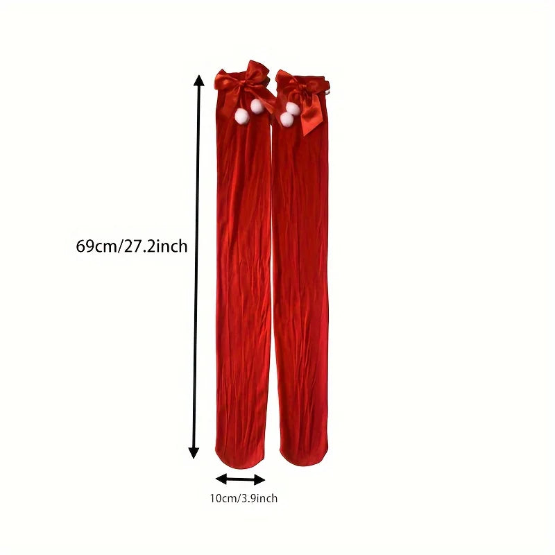 4-Pack Sweet Striped Stockings For Women Christmas Green Red Bows Cute Socks Over The Knee Long Socks Girls Stocking Students