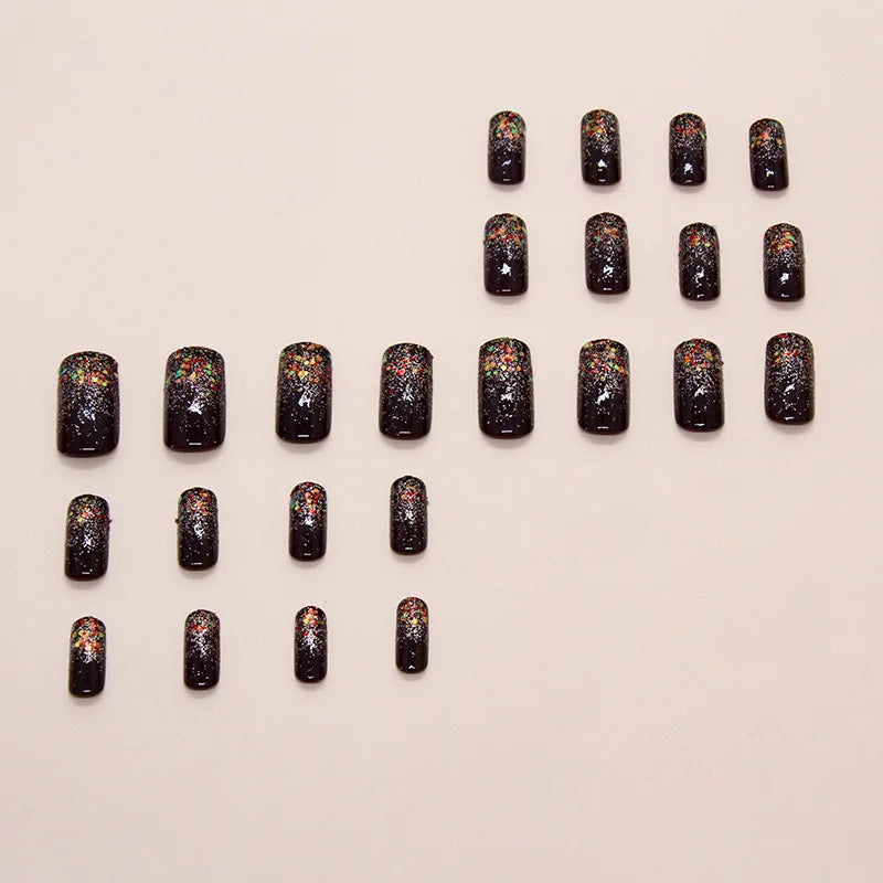 24pcs/set medium long fake nails square ballet nail tips glitters starry sky moon star feather design press on false nail art