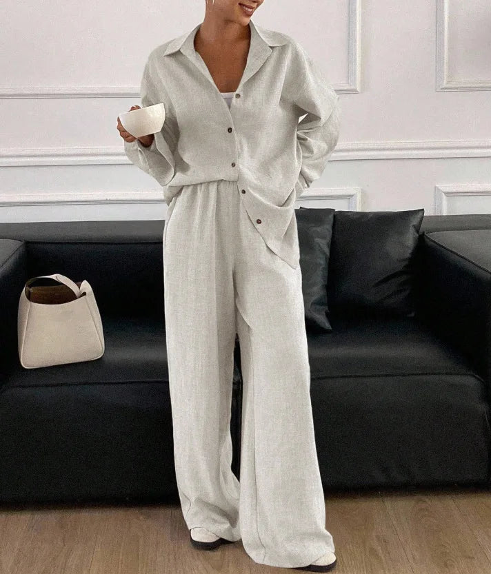 2026 New Women Linen Two Piece Outfit Set Lapel Long Sleeve Button Shirts Elastic Waist Wide Leg Pants Casual Loose Home Suit