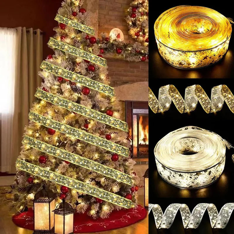 Christmas Decoration LED Ribbon Lights Christmas Tree Ornaments DIY Lace Bows String Light Navidad Home Decoration New Year 2025