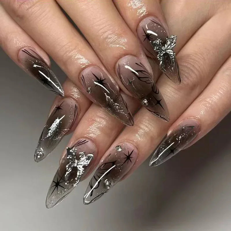 24Pcs Y2k Almond Acrylic Nails Full Cover 3D Diamond Black Nail Art Sweet Cool French Wearable Fake Nail Manicure Tips for Girls