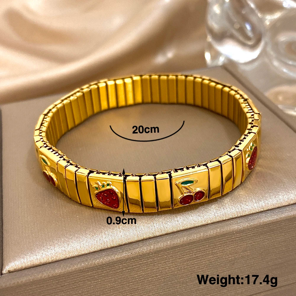 316L Stainless Steel Gold Color Strawberry Cherry Elastic Bangle Bracelet For Women Men Statement New Trend Wrist Jewelry Gift