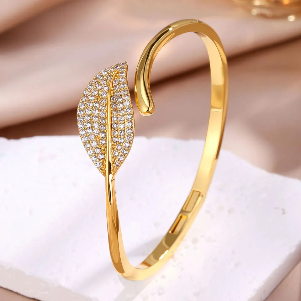 ZAKOL Buling Micro Inlaid Zircon Leaves Open Bracelet Fashion Dubai Gold and Silver Color Bridal Jewelry for Women Wedding Acces