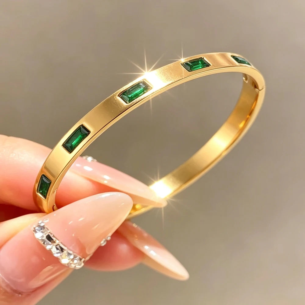 ZAKOL 3 Styles Shiny Green Geometric Zirconia Inlaid Stainless Steel Bracelets for Women Personalized Wedding Party Jewelry
