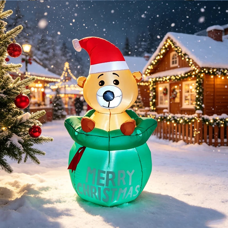 Cute Christmas Airblown Bear Statue, Inflatable Bear Gift Sack Ornament for Living Room, Xmas Party Indoor Display