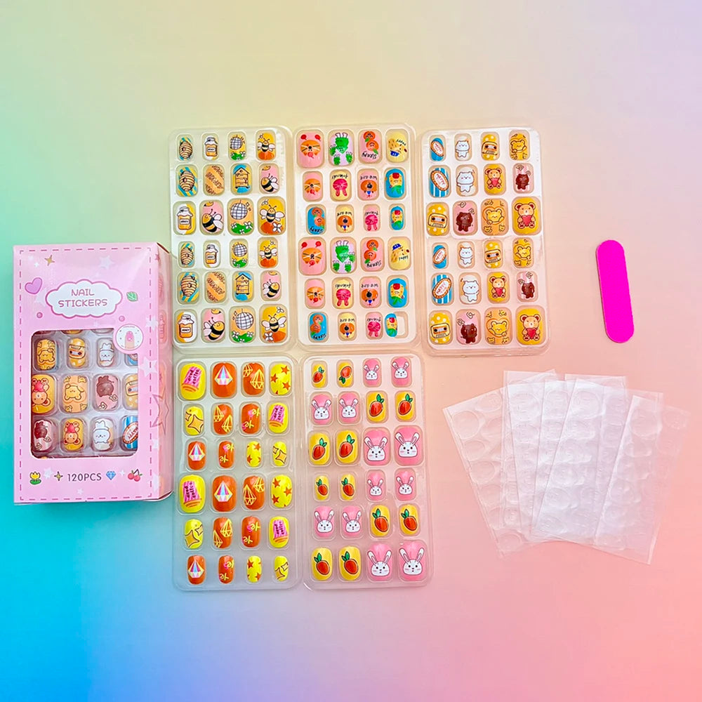 120Pcs Cartoon False Nails for Girls Kawaii Acrylic Short Square Full Cover Fake Nails Tips Kids Press on Nails with Jelly Glue