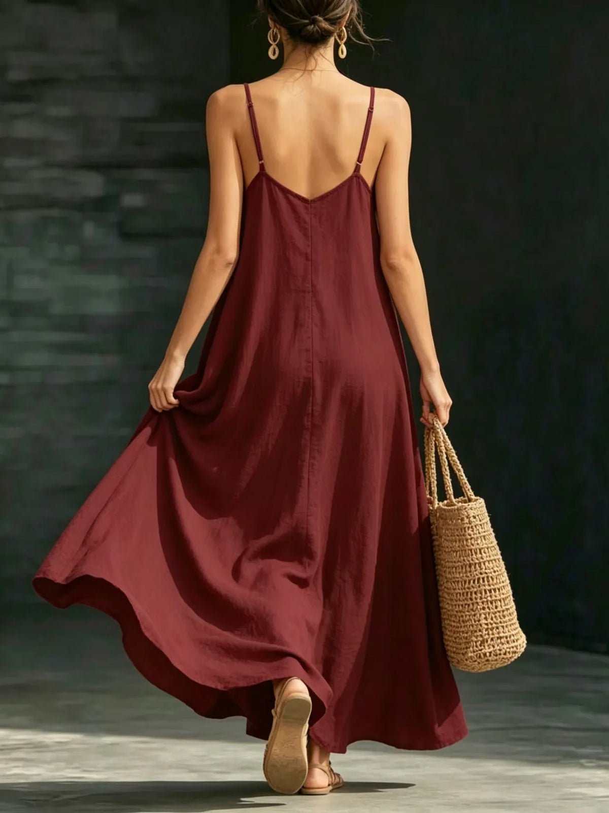 Women Linen Spaghetti Strap Maxi Dress V Neck Loose Swing Long Dress With Pockets Casual Summer Beach Vacation Sundress Ladies