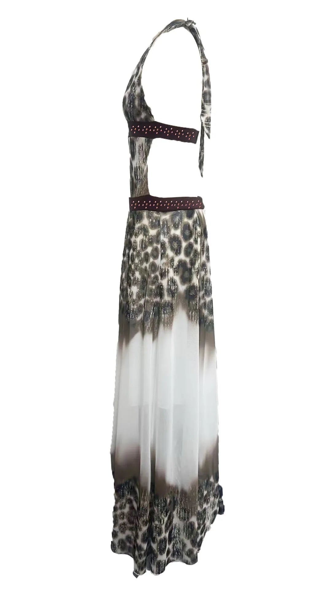Summer Vacation Sexy Leopard Print Halter Maxi Dress Elegant Deep V Hollow Out Low-Waist Irregular Beach Dress Lady Party Outfit