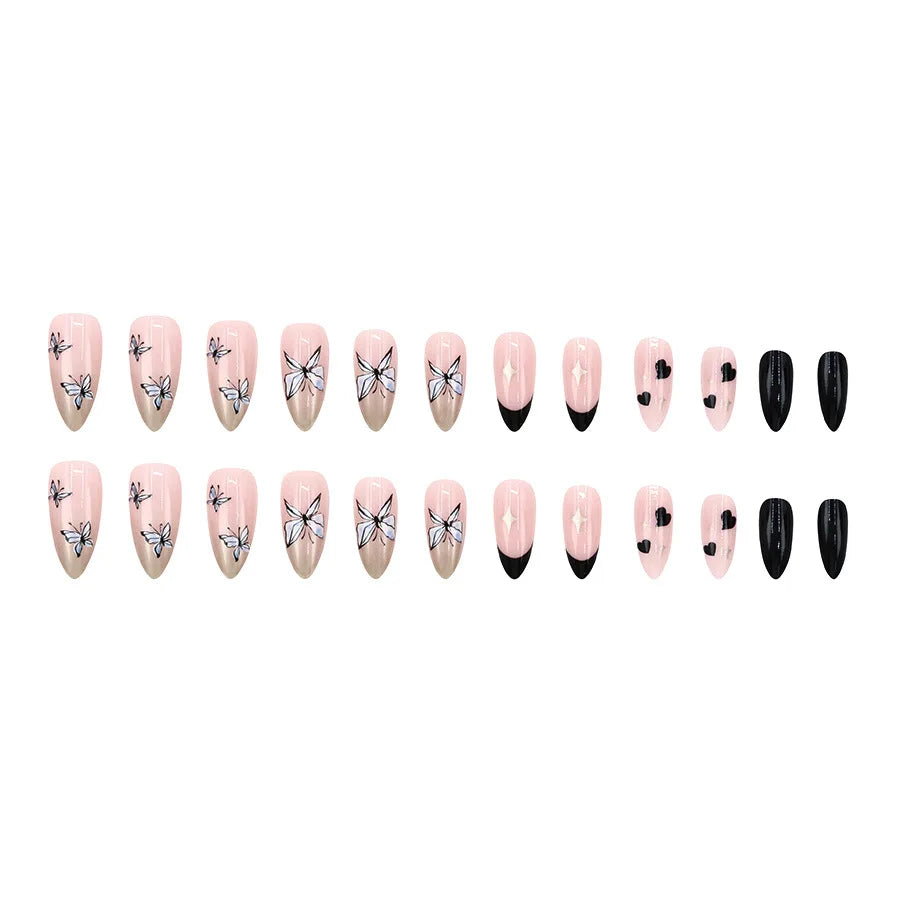 Medium fake nails for women girl green flrora blue black butterfly heart design Almond nail tips full cover press on false nail