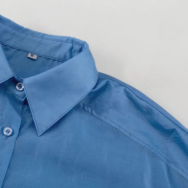 Casual Loose Solid See Through Blue Blouse For Women Sexy Lapel Long Sleeve Classic Shirt 2026 New Autumn Commuter Female Tops