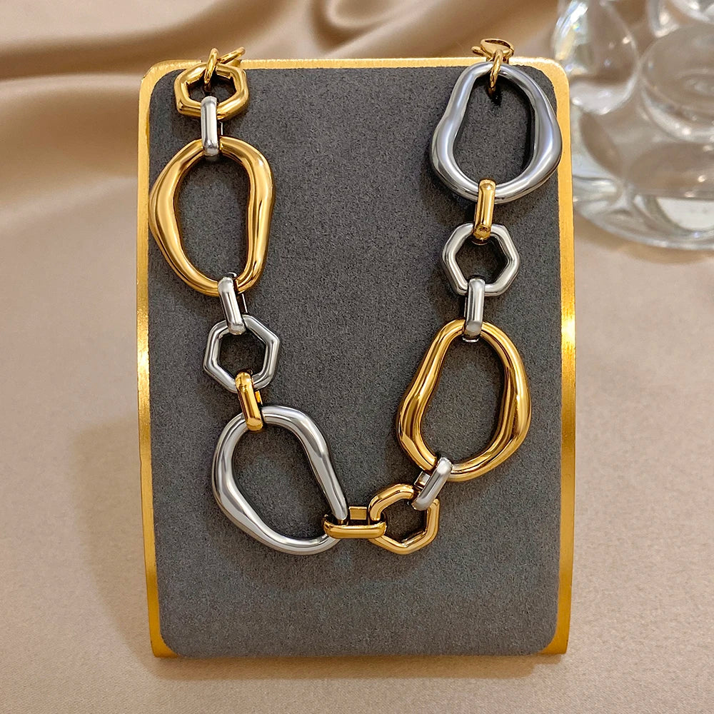 Chunky New Trend Gold Silver Color Hollow Geometry Shaped Stainless Steel Unique Bracelet Statement Waterproof Fashion Jewelry