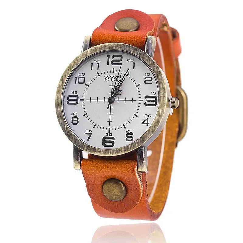 Classic vintage-style unisex watch featuring a genuine leather strap