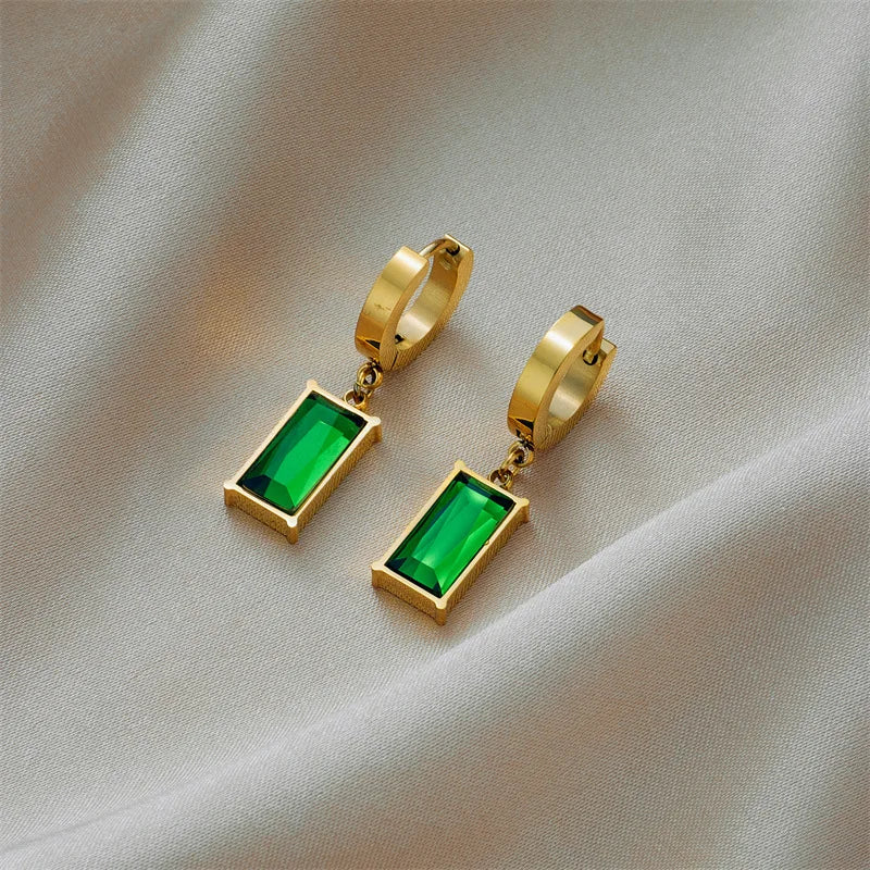 AKOL 316L Stainless Steel Rectangle Green Crystal Zircon Pendant Necklace Earrings For Women Fashion Party Jewelry Set