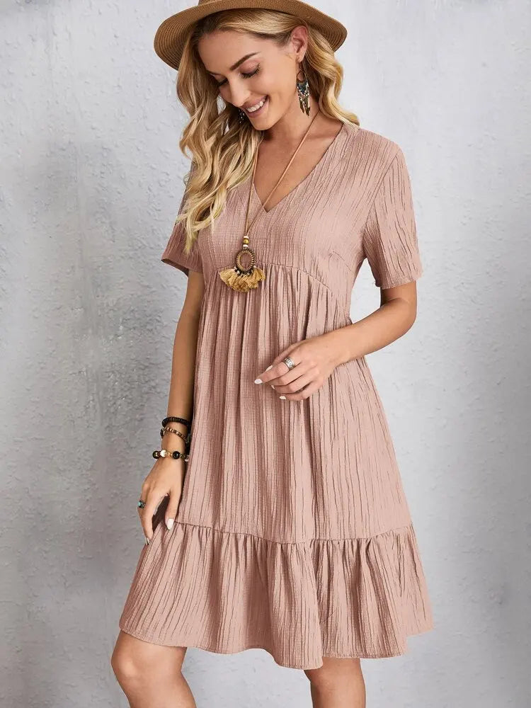 Women Elegant V Neck Ruffles Mini Dress Summer Vintage Solid Loose Sundress Bohemian Casual Solid Beach Party Vestidos