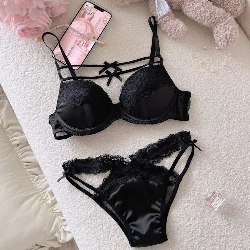 MOYISU Sweet Trap French Bow Bra Set - Wireless Push-Up for Petite Chest, Pure Seduction Lace Bralette with Elegant Ribbon Charm