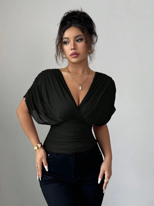Elegant Slim Deep V-Neck Short Sleeve Shirt Women's Summer Puff Sleeve Pleated Tee Office Lady Tops Summer Fashion T-Shirt
