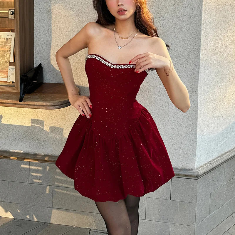 BKLD 2026 Winter New Women Clothing Elegant Fashion Strapless Sequin Diamonds Patchwork A-Line Puffy Dress Party Clubwear